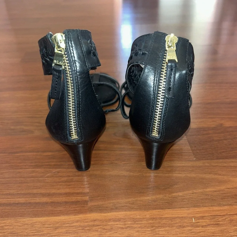 Lauren Ralph Lauren Meira Black Leather Strappy Wedge Sandals Braided Ankle 8.5B